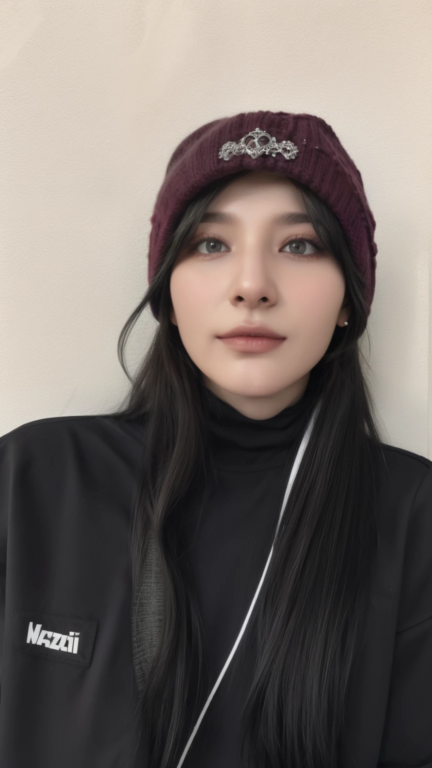 mulher arafada com fones de ouvido e um gorro encostada na parede, piercing de septo, piercing no nariz, bright Olhos castanhos penetrantes, olhar penetrante, with black hat on head, small lips, nariz pontudo, piercing de nariz, cabelos pretos e olhos castanhos, garota de cabelo preto usando moletom, Olhos castanhos penetrantes, piercings faciais, cabelo preto e olhos grandes, usando gorro