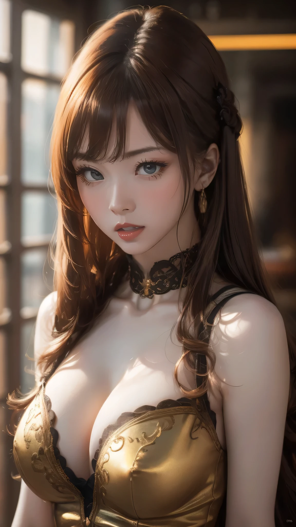 (Cinematic scene,Fantasy Art,Highest image quality,Hyperrealism portrait,(8K),Ultra-realistic,Best Quality,High quality,High Definition,high quality texture,high detailing,Beautiful detailed,fine detailed,extremely details CG,Detailed texture,realistic representation of face,masterpiece,presence,Dynamic,Bold),1gir,Ultra detailed skin,Curve,,Beautiful breasts,Large breasts,pale skin,pointed breast,Erect nipples,(Thin hair),(Soft hair),(Ultra straight hair),Swept long bangs,Extra bright coppery amber hair,Hair over one eye