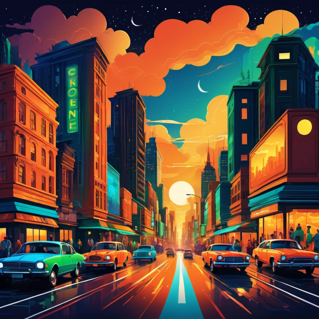 (best quality, highres, ultra sharp), magical ,Vector art of a bustling cityscape at night, high level of detail, vibrant colors, modern style, 4k resolution, dynamic lighting effects, vector art style, art tupu, 70's, 3d crunch, realistic feeling, terrorific scene, people running, panic, cars, buses, dark tones of orange , blue gray, brown, green, yellow, white, and black, vectored city,