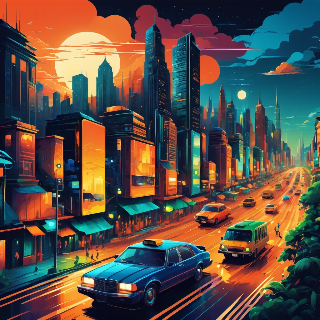 (best quality, highres, ultra sharp), magical ,Vector art of a bustling cityscape at night, high level of detail, vibrant colors, modern style, 4k resolution, dynamic lighting effects, vector art style, art tupu, 70's, 3d crunch, realistic feeling, terrorific scene, people running, panic, cars, buses, dark tones of orange , blue gray, brown, green, yellow, white, and black, vectored city,