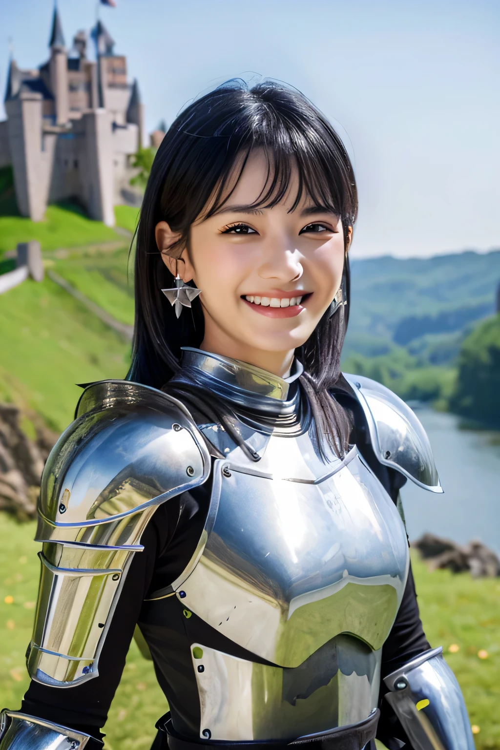 8K、highest quality、female knight、The background is a castle、Luxurious Silver Armor、heavy equipment、black hair、hairstyle shortcut、smile、beautiful teeth、full body photo、ear piercing