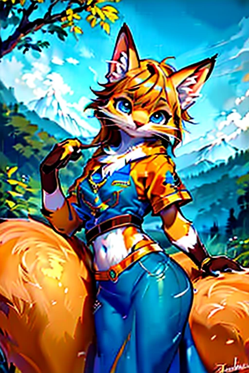 (best quality,4k,8k,highres,masterpiece:1.2),ultra-detailed,realistic:1.37,chico (boy),gato (cat) with long and tousled fur, young,Joven, in the mountains (in the mountains) con ropa cool (with cool clothes), ojos azules (blue eyes), un cuadro (a painting) de gran detalle (with great detail), pelaje amarillo (yellow fur), pelaje realista (realistic fur) y detallado (and detailed),female,