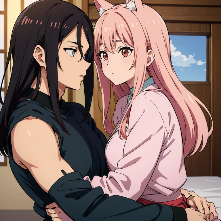 (((obra maestra del anime))), (((anime bien realizado))), romantic couple teacher man and his family, mujer foxy adulta con el pelo largo gris y ojos rojos brillantes, piel palida, sonriente, hombre adulto, pelo corto negro rojizo, ojos radiantes de color verde saturado, piel palida, avergonzado 😳, muy cerca entre el y ella,