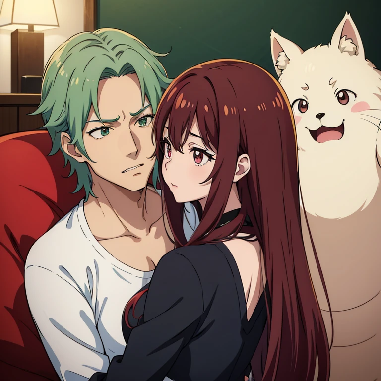 (((obra maestra del anime))), (((anime bien realizado))), romantic couple teacher man and his family, mujer foxy adulta con el pelo largo gris y ojos rojos brillantes, piel palida, sonriente,  hombre adulto, pelo corto negro rojizo, ojos radiantes de color verde saturado, piel palida, avergonzado 😳, muy cerca entre el y ella, 