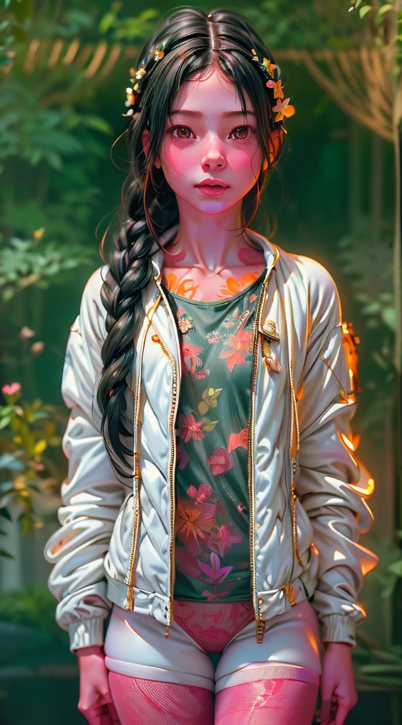 (((Create one girl 16+ years old.), (realistic), (close-up), (stands all tall), (mysterious))_((Girl), (green:1.5, orange:1.1, white:1.3, yellow:1.3))_((very sexy girl with dreadlocks), (tattoos), (naked parts of the body), (down jacket: 1.2),(jacket on the naked body, T-shirt, thong))__))_((Beautiful figure, half-turn16+ years),(realistic)),((small peach breasts, graceful figure, narrow waist, smooth hips)),((long double braids),(tight braids), (braided hair),(dark hair) ),((red lips)), ((smile)))_ ((((Shiny skin:1.5, white skin, light skin: 1.5)),((sexy), (cute))_((fractals, Flowers, leaves, fog, lilies, circles background))_((Chiaroscuro, contrast, warm - cold), (atmospheric visualization), (best quality), (Virtual realism))_)))_(((Digital painting, style anime, cyberpunk), (best quality, 4k, high resolution, masterpiece: 1.2)),((ultra detail)),((realistic, photorealistic, photorealistic: 1.37)))_(((Soft clear shapes, wide strokes, attention to detail)))_(((High quality, 16K | Ultra HD | Full HD))).