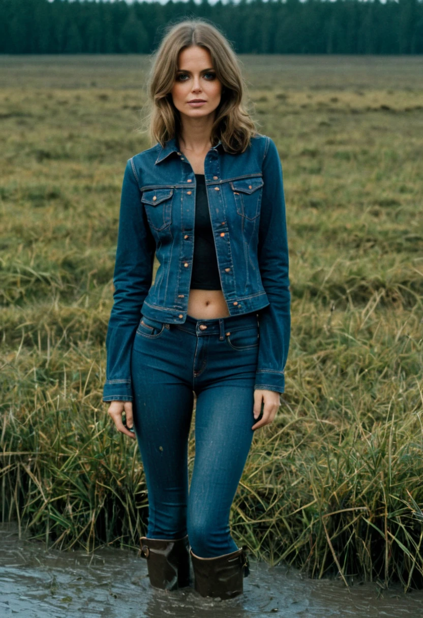 70s setting, photo of vulnerable shy woman in muddy (worn-out) high waist flared jeans and dark denim jacket and blouse drowning in bog and demonstrate her sexual shy, (dark+wet jeans up to hips)