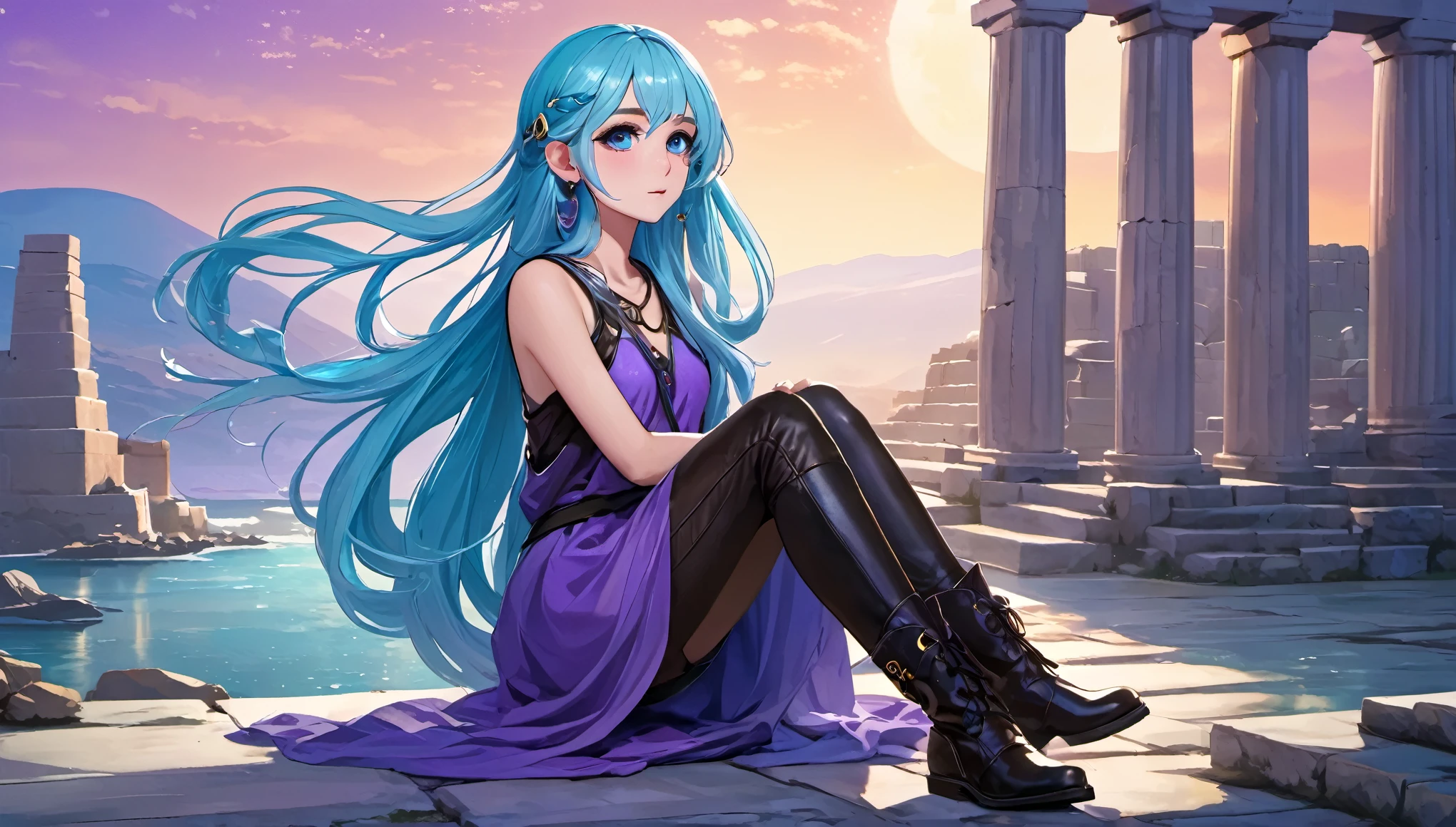 
Masterpiece. High-resolution. 1girl about 20 years old. Pretty beautiful girl. Pretty big purple eyes. Delicate face. (((Long light blue hair))). Straight hair. Messy hair. Hair bangs. Turquoise tunic. Purple tide pants. Leather boots. Greek ruins background with cosmic Sky. 