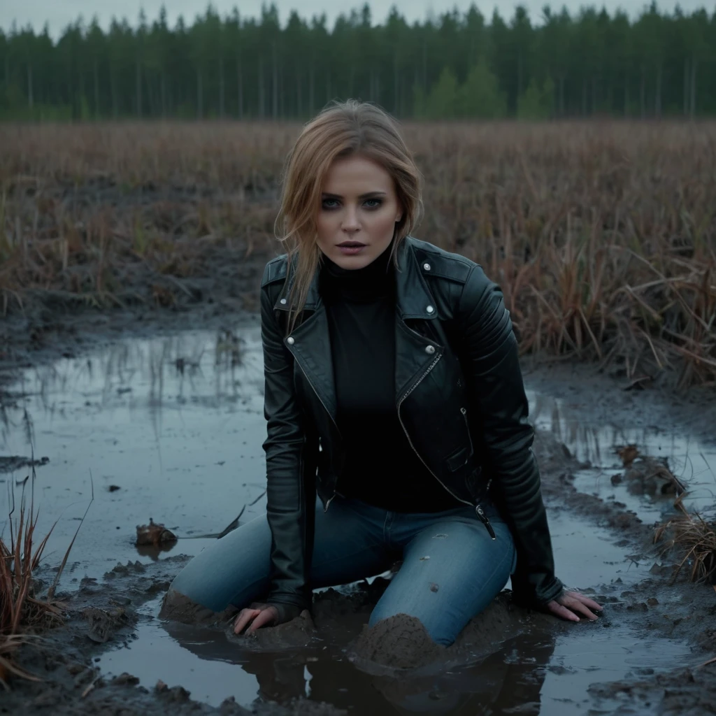 (Best Quality,4k,hight resolution,Realistic),close-uo Portrait of The sexy and vulnerable girl plunged into a deep muddy quicksand bog and waiting for her fate,her worn out jeans,turtleneck, leather biker jacket, stylish look combined with many accessories, wild and creepy nordic environment,dark and mysterious,foggy dramatic atmosphere,soft-lighting,Vivid colors,Reflection in the swamp,sunset