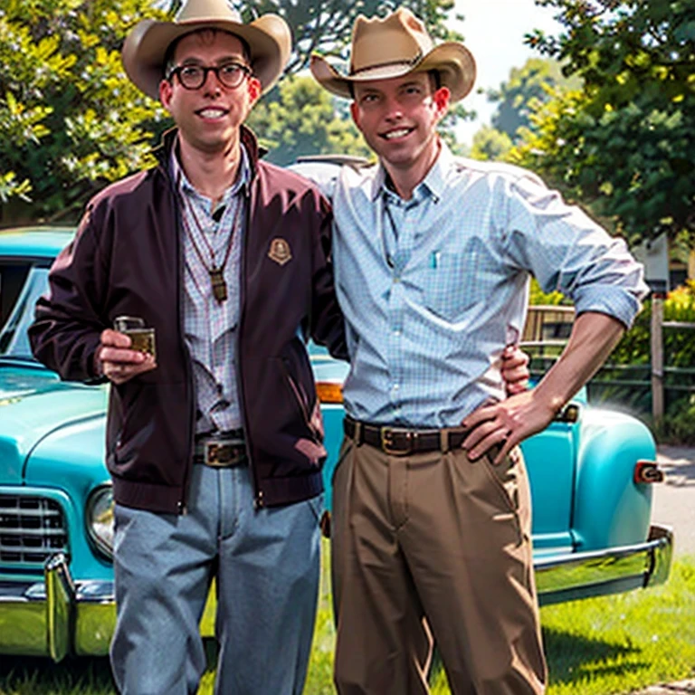 coopie 1man, a country music singer wearing a brown cowboy hat, light blue button down shirt, blue jeans, and cowboy boots, standing in front of an old pick up truck full of hay, raised eyebrow, clenched teeth, Surrealism, high detail, depth of field, sparkle, god rays, backlighting, cinematic lighting, multiple views, cowboy shot, caustics, bokeh, UHD, masterpiece, accurate, super detail, best quality, 8k