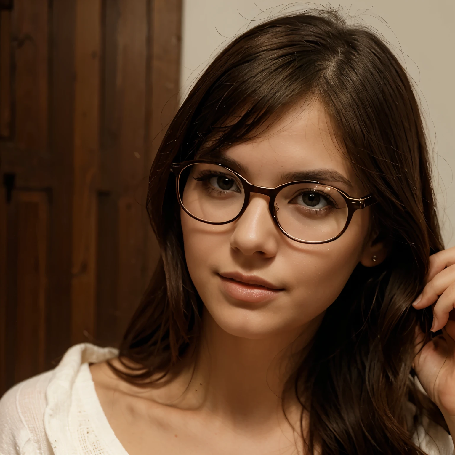 professional, masterpiece, 8k, hyperrealistic portrait of a 20yo cute girl, long hair, glasses, (looking shy:1.3), , detailed face, detailed skin, photography, hq, photorealistic,