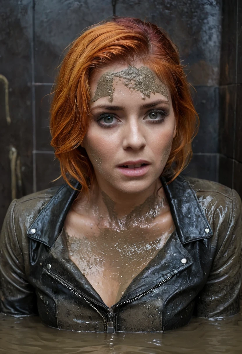 (best quality,4k,8k,highres,masterpiece:1.2),ultra-detailed,(realistic,photorealistic,photo-realistic:1.37),fading orange-haired woman 40-years-old in jeans and leather jacket drowns inside bath filled with mud,she smears mud on her ((jeans)) when indulging in shameful fetish,bob haircut,detailed eyes and face,expression of despair,blouse,dark and moody lighting,shameful fetish atmosphere,desperation,bathroom,inside bath she feels dark ecstasy and shame, inside bath