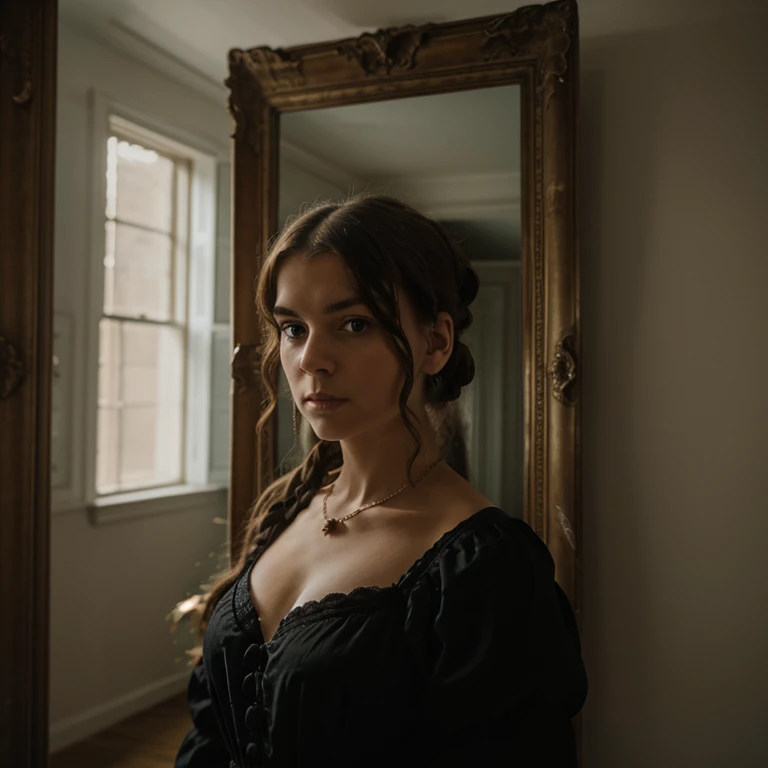 A complete photo of Republican Victorian princess standing with her head turned to the camera, the room is a bit dark and behind her a lot of big picture frames
