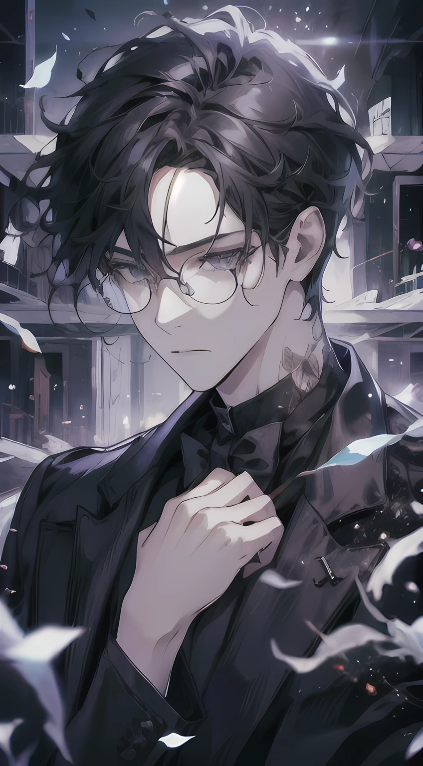 "48-year-old man in a tuxedo, black hair styled in a 'curtain' cut shorter than shoulder length, round glasses, grey eyes, gloomy lighting, somber facial expression, under-eye bags, surrounded by books.", hard light, gothic