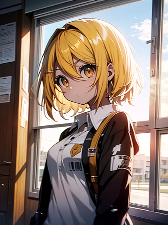 Kagamine Rin , por rubio  , coletas 、ojos rojos、Hermosa chica sola、quimono、una minifalda、aula de escuela 、sentado en pupitre , luz de atardecer (entrando por la ventana , cortinas que se mueven un poco con el viento