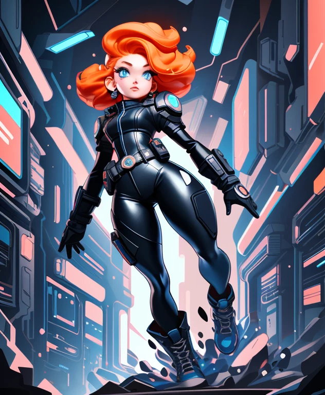 1girl, cowboy shot, Cyberpunk Agent, orange hair, blue eyes, pure black leather tights, aggressive action, impactful action, full body, perspective composition, exaggerated composition, perfect composition, close-up of face, perfect eyes, dynamic composition, city in the background, neon light, night
