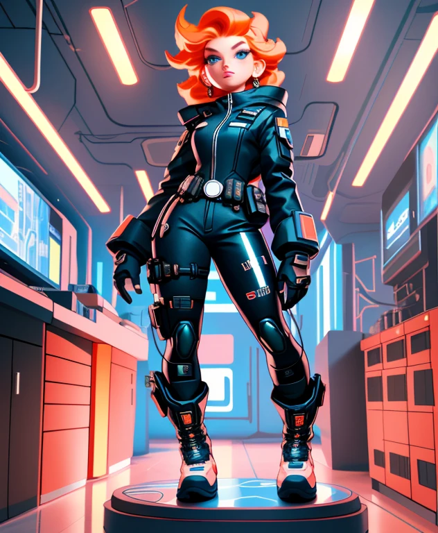 1girl, cowboy shot, Sexy experienced agent girl in futuristic bodysuit in action, Cyberpunk Agent, orange hair, blue eyes, (Wearing: highly detailed futuristic jumpsuit, utility belt, boots), She's holding two pistol's in both hands. She's looking at the camera with an arrogant smile. aggressive action, impactful action, full body, perspective composition, exaggerated composition, perfect composition, close-up of face, perfect eyes, dynamic composition, (Background: Indoors, Cyberpunk facility, and futuristic technology in the background, harsh high-tech atmosphere)