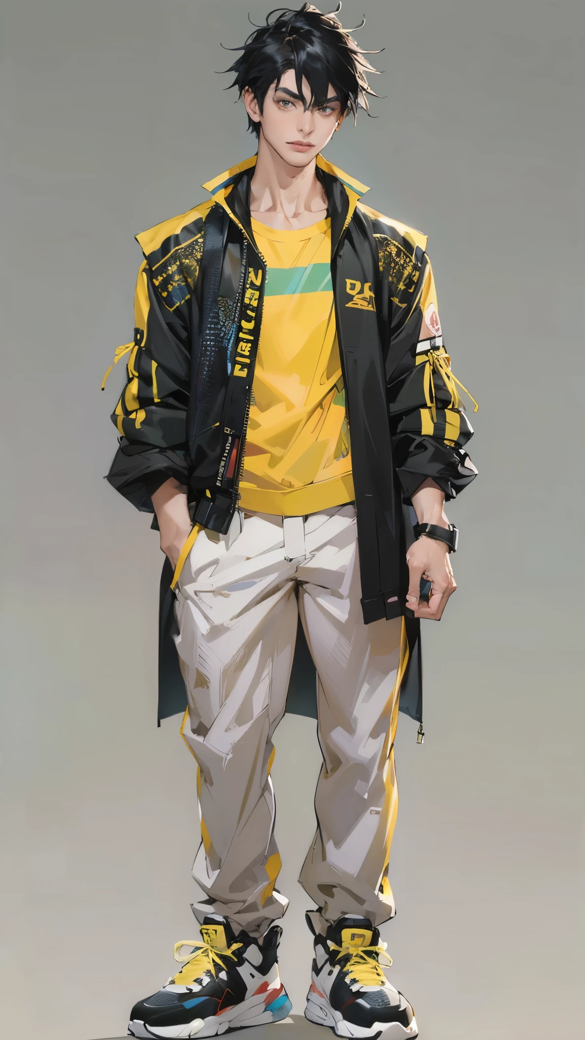 ((best quality,4k,highres,masterpiece:1.2)),((character concept art)), 1 male, age male, Japanese Rich Kid, ((black hair, stylishly tousled)), black hair, (fair skin colour), ultra finely detailed eyes (black eyes colour), Yellow Tinted Glasses, handsome, tall, lean muscular body build, ((intricate detail)), super finely detailed hands, ultra finely detailed fingers(((ten fingers))), wearing hip hop fashion style clothing, luxury brand sneakers, (standing confidently), womanizer, charming, outgoing, spoiled, (full body showcase), (show full body), (no logos on background), (no logo), ((plain background)), ((plain background)), (((empty background)))