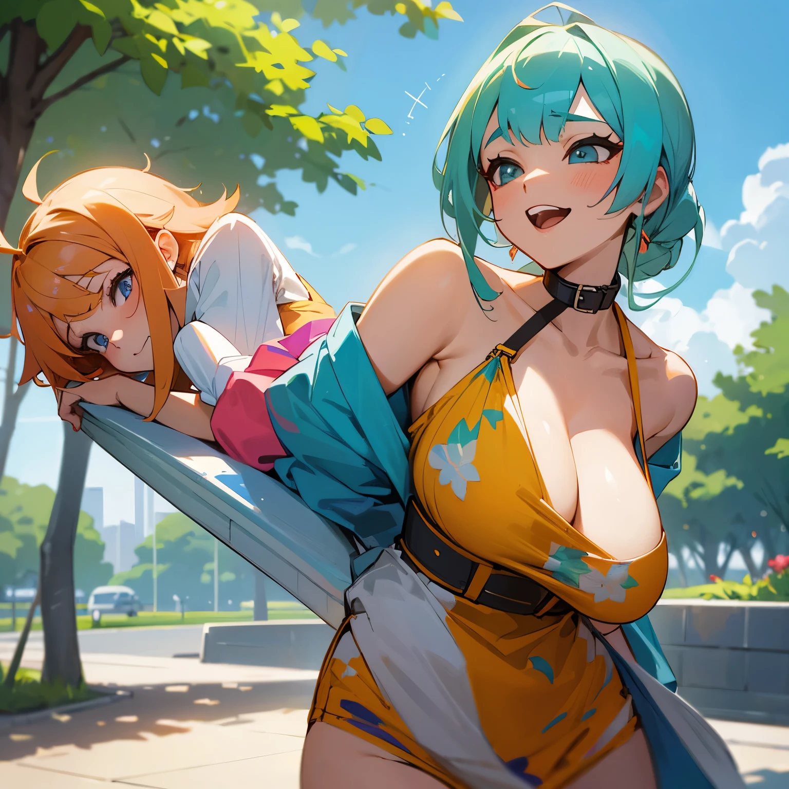 a world summer, wito some girls chilling, vibing, like a park feeling, on weeekend, sensual, smashing the tits