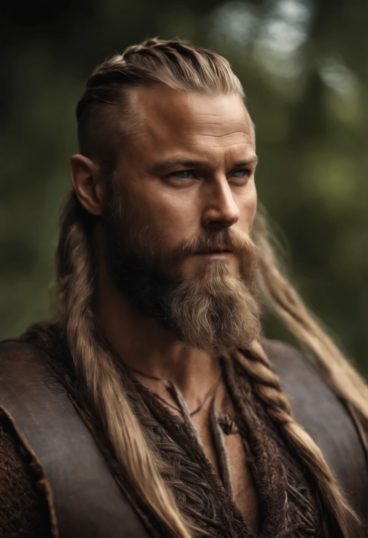 photo realistic, homme de 50 ans, style viking, looking like travis fimmel, Ragnar Lothbrok, longue barbe, coupe de cheveux viking, Long, braided hair, Dark blond, photo de face, regardant la caméra, menacing air