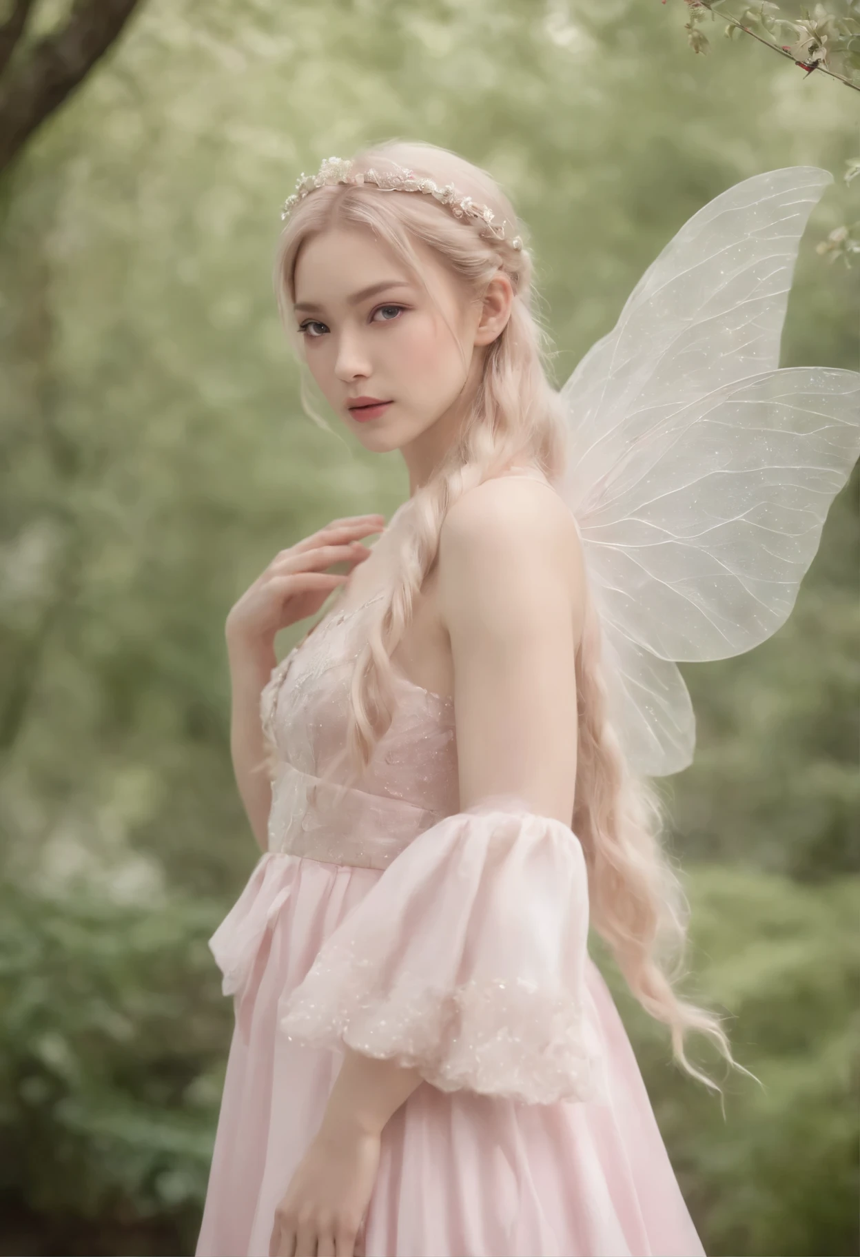 Japanese-European young 22 year old fairy, Realistischer Charakter,pink blond white slightly wavy hair tied in two long loose braids, zartrosa Seidenkleid mit Glitzer, white shiny transparent very large fairy wings on her back, graue Sharp Augen, allein, Full body, Palast Hintergrund