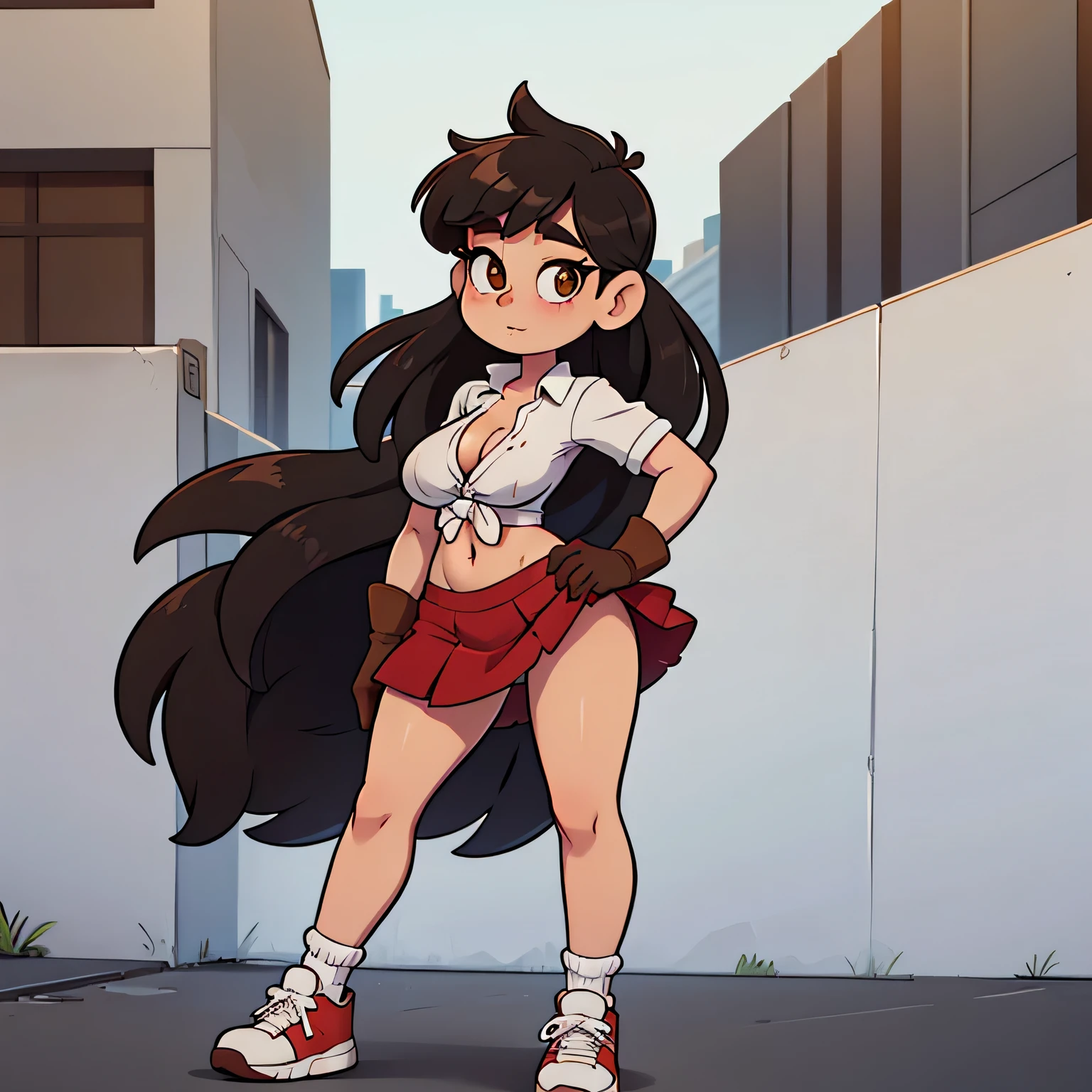 A sexy tall girl with big breasts, black hair that typically reaches the middle of her back, her Brown eyes, cute, dresses in a white , knot, unbuttoned, shows her navel, is wearing a red skirt, wearing a long net of socks and brown sneakers, wearing her hand, gloves, Black steel