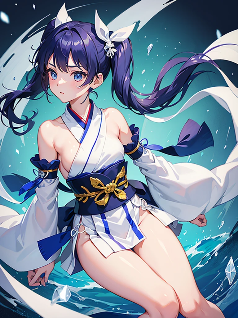 Kunoichi Girl、Medium blue hair tied into twin tails with a white ribbon、Crystal clear white skin、The white kimono clings tightly to the skin, has no sleeves, and is short, with slits visible on both sides.、bare hands and feet、