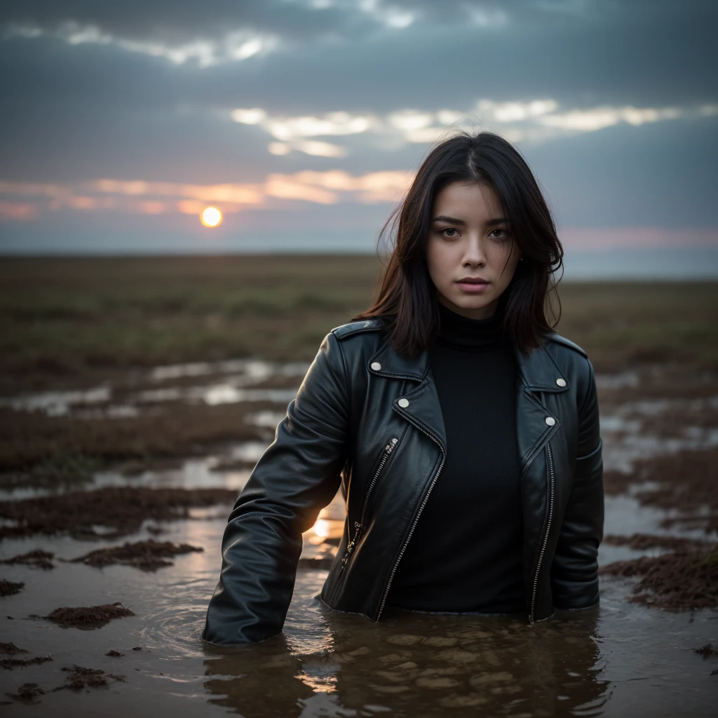 (Best Quality,4k,hight resolution,Realistic),close-uo Portrait of The sexy and vulnerable girl plunged into a deep muddy quicksand bog and waiting for her fate,her worn out jeans,turtleneck, leather biker jacket, stylish look combined with many accessories, wild and creepy nordic environment,dark and mysterious,foggy dramatic atmosphere,soft-lighting,Vivid colors,Reflection in the swamp,sunset