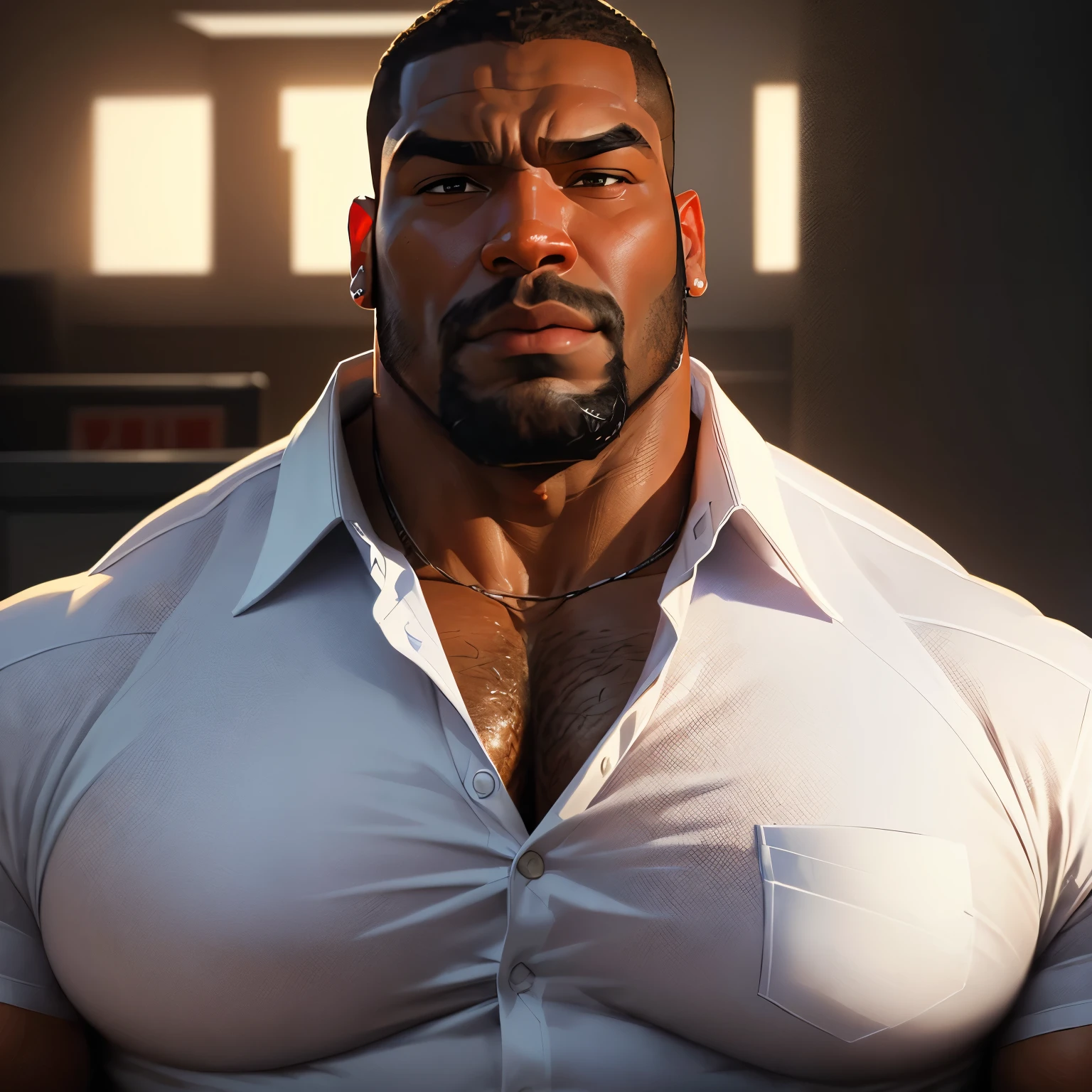 an exaggeratedly muscular and large bodyguard, beefy build, beard, dark-skinned african american male, (wearing white collared shirt: 1.2), police badge, (bara pecs: 1.3), (arm and chest hair: 1.1), close-up portrait HD, grungy police station