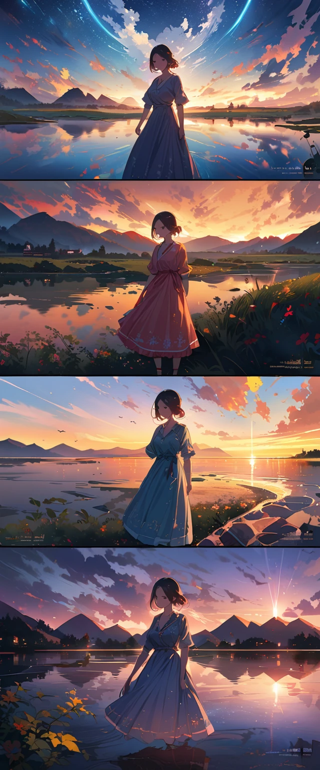 art officiel, fond d&#39;unified 8k screen, super detailed,  chef-d&#39;artwork, Meilleure qualité d&#39;image，super grand angle，evening，une femme，Debout dans l&#39;pond，l&#39;eau est comme un miroir，reflecting the sky。regarde vers le ciel，coucher de soleil coloré，Angle dynamique, Grace, Couleurs vives,