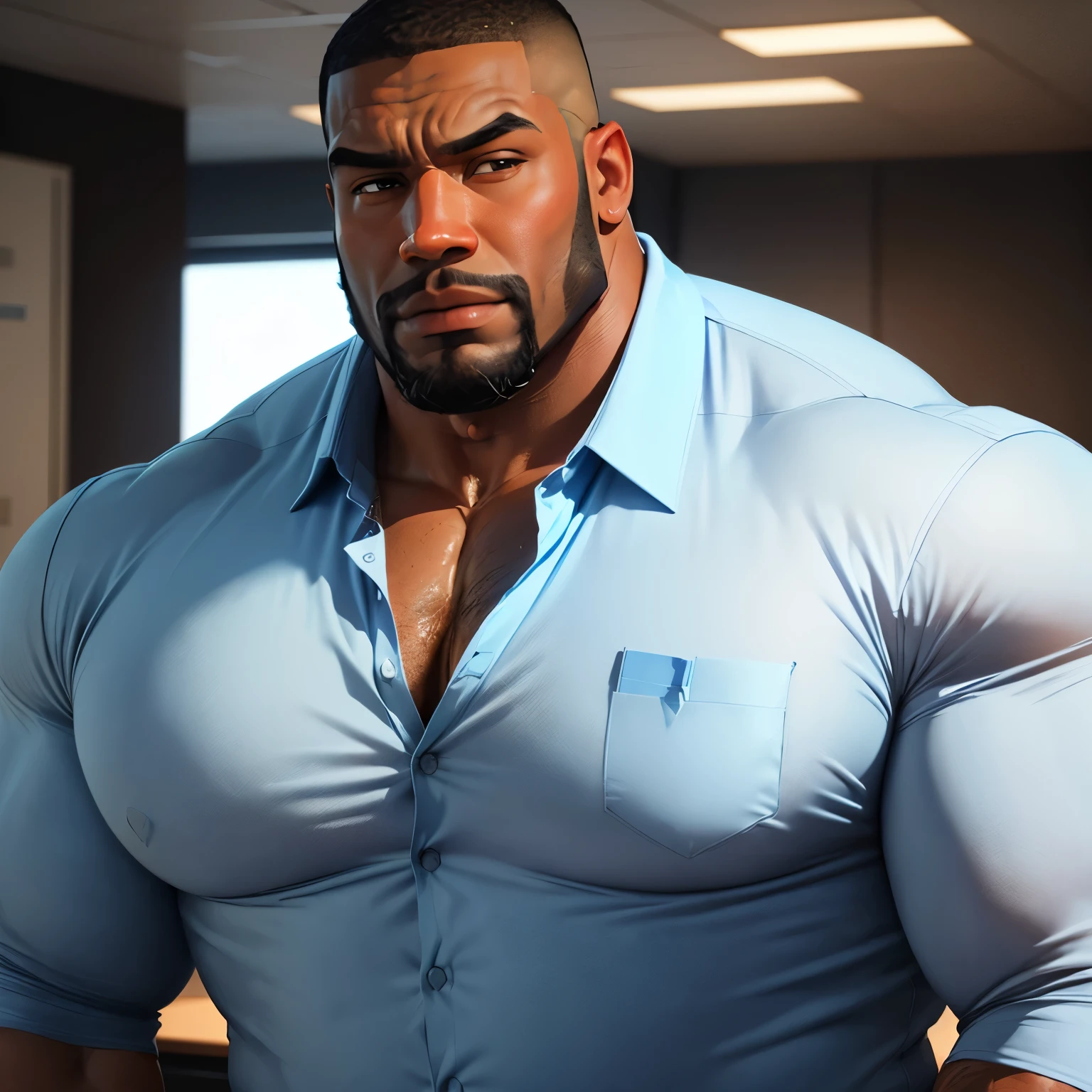 an exaggeratedly muscular and large bodyguard, beefy build, beard, dark-skinned african american male, buzzcut hair with square line, (wearing pale blue casual business shirt: 1.2), name tag, (bara pecs: 1.3), (arm and chest hair: 1.1), close-up portrait HD, bright corporate office