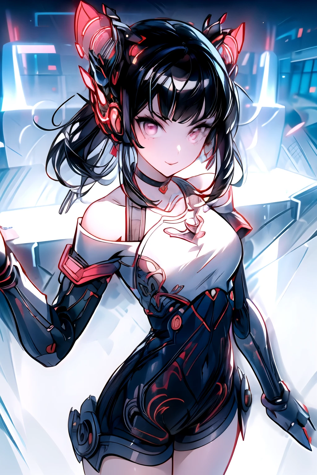 rouge redstar,1girl, black hair, solo, long hair, pink eyes, black overall shorts,white off-shoulder shirt, indian red arm warmers,ear ornament, black choker, streaked hair, blunt bangs, long sleeves, looking at viewer,seductive smile, cowboy shot,stone wall, (best quality, masterpiece),Cyber punk stretts ,night time,cowboy shot ,silver buttons,small breasts .wink,cutesmile