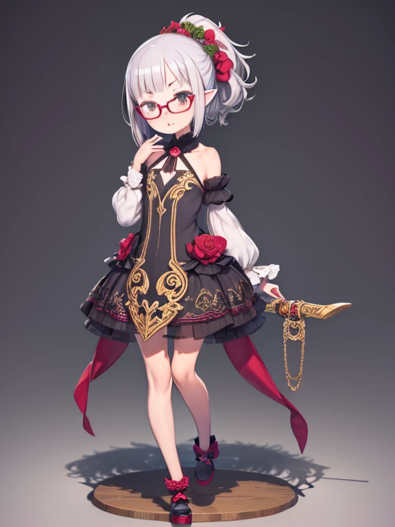 ((masterpiece)), ((highest quality)), (Super detailed), ((very delicate and beautiful)), perfect anatomy, cute, figure, ((goblin)), 10 years old, a cute girl, 1 girl, alone, ((flat chest)), ((thin thighs)), beautiful silver hair, short hair, messy hair, ponytail, beautiful red eyes, upward facing eyes, red glasses, hair ornaments, smile, open your mouth, looking at the viewer, (3D model, shape, キャラクター人shape), Chibi, ((full body)),