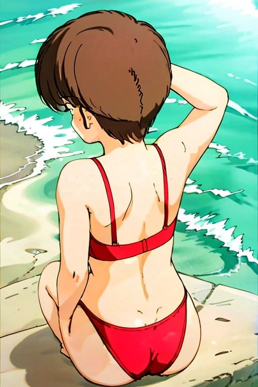 1girl, Hikaru Hiyama, best quality, highres, A masterpiece, best Quality, sexy swimwear, random posing seas beach Cool face Rear view Cute Bikini Beautiful back Sitting perspiring