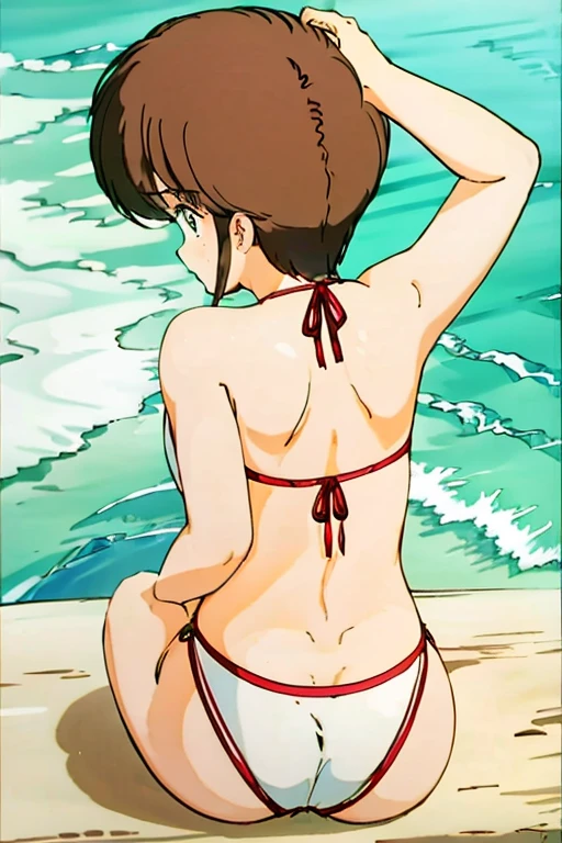 1girl, Hikaru Hiyama, best quality, highres, A masterpiece, best Quality, sexy swimwear, random posing seas beach Cool face Rear view Cute Bikini Beautiful back Sitting perspiring