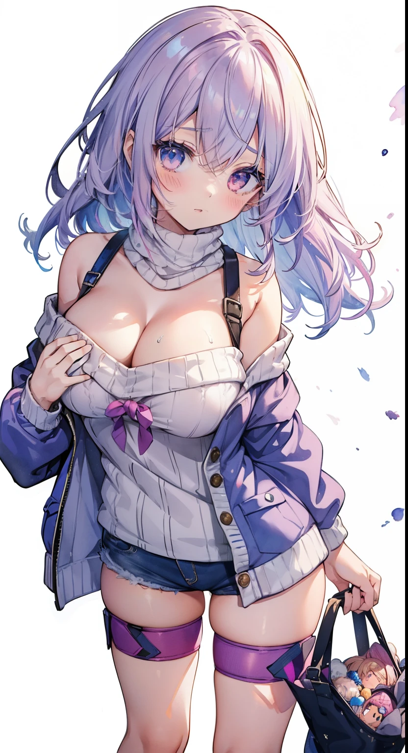 1 girl,(, short stature),animesque、Young and cute idol face、(Lorioppai)(Clothed big breasts , breasts,Mi Hot Pants)Double piece with hands raised (WatercolorPrivate Services, Shoulder Knitwear,Shoulders exposed、Back exposure) Huge breasts,