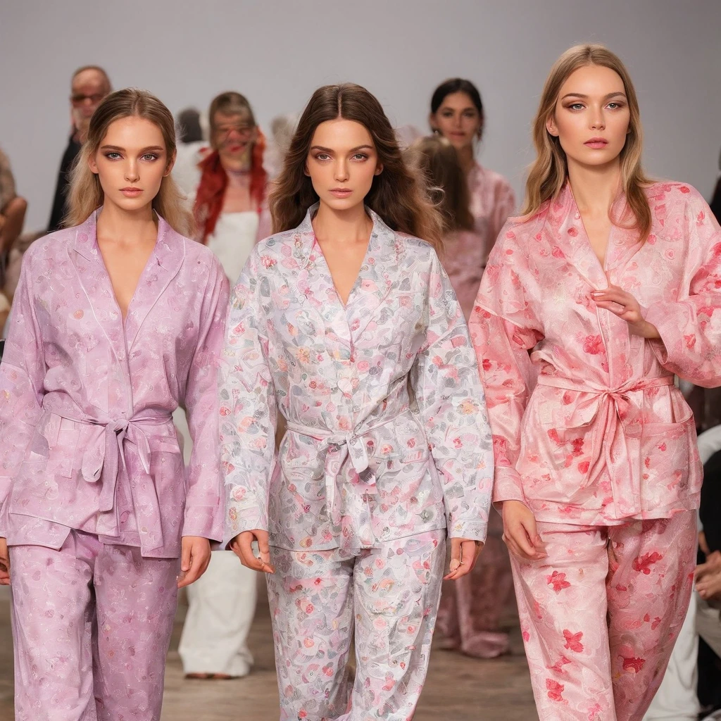 High fashion show, beautiful models walk down the catwalk in different beautiful pajamas