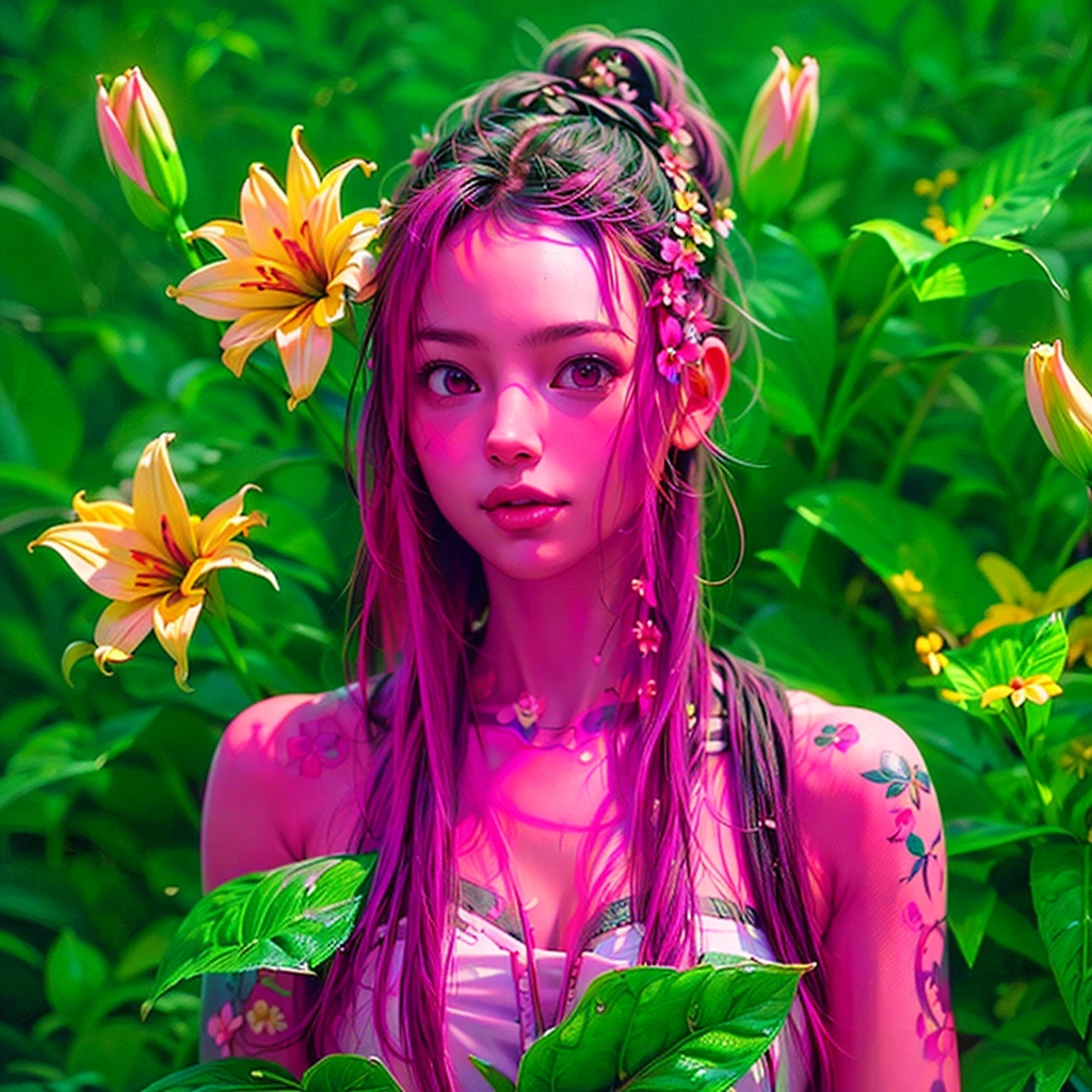 (((Create one girl 16+ years old.), (realistic), (close-up), (stands all tall), (mysterious))_((Girl), (green:1.5, orange:1.1, white:1.3, yellow:1.3))_((very sexy girl with dreadlocks), (tattoos), (naked parts of the body), (down jacket: 1.2),(jacket on the naked body, T-shirt, thong))__))_((Beautiful figure, half-turn16+ years),(realistic)),((small peach breasts, graceful figure, narrow waist, smooth hips)),((long double braids),(tight braids), (braided hair),(dark hair) ),((red lips)), ((smile)))_ ((((Shiny skin:1.5, white skin, light skin: 1.5)),((sexy), (cute))_((fractals, Flowers, leaves, fog, lilies, circles background))_((Chiaroscuro, contrast, warm - cold), (atmospheric visualization), (best quality), (Virtual realism))_)))_(((Digital painting, style anime, cyberpunk), (best quality, 4k, high resolution, masterpiece: 1.2)),((ultra detail)),((realistic, photorealistic, photorealistic: 1.37)))_(((Soft clear shapes, wide strokes, attention to detail)))_(((High quality, 16K | Ultra HD | Full