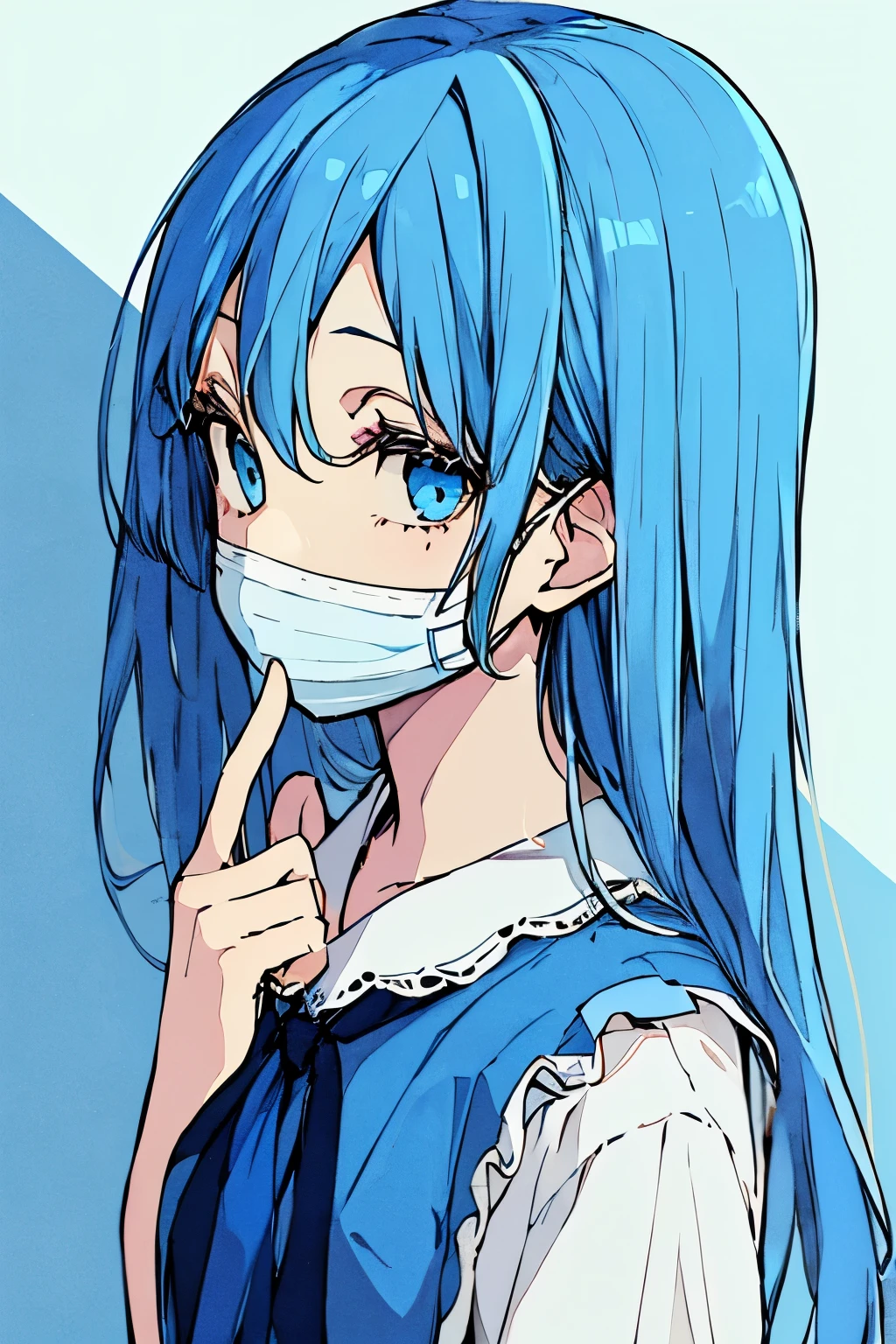 1girl, blue hair,blue ayes,blue shirt , blue mask