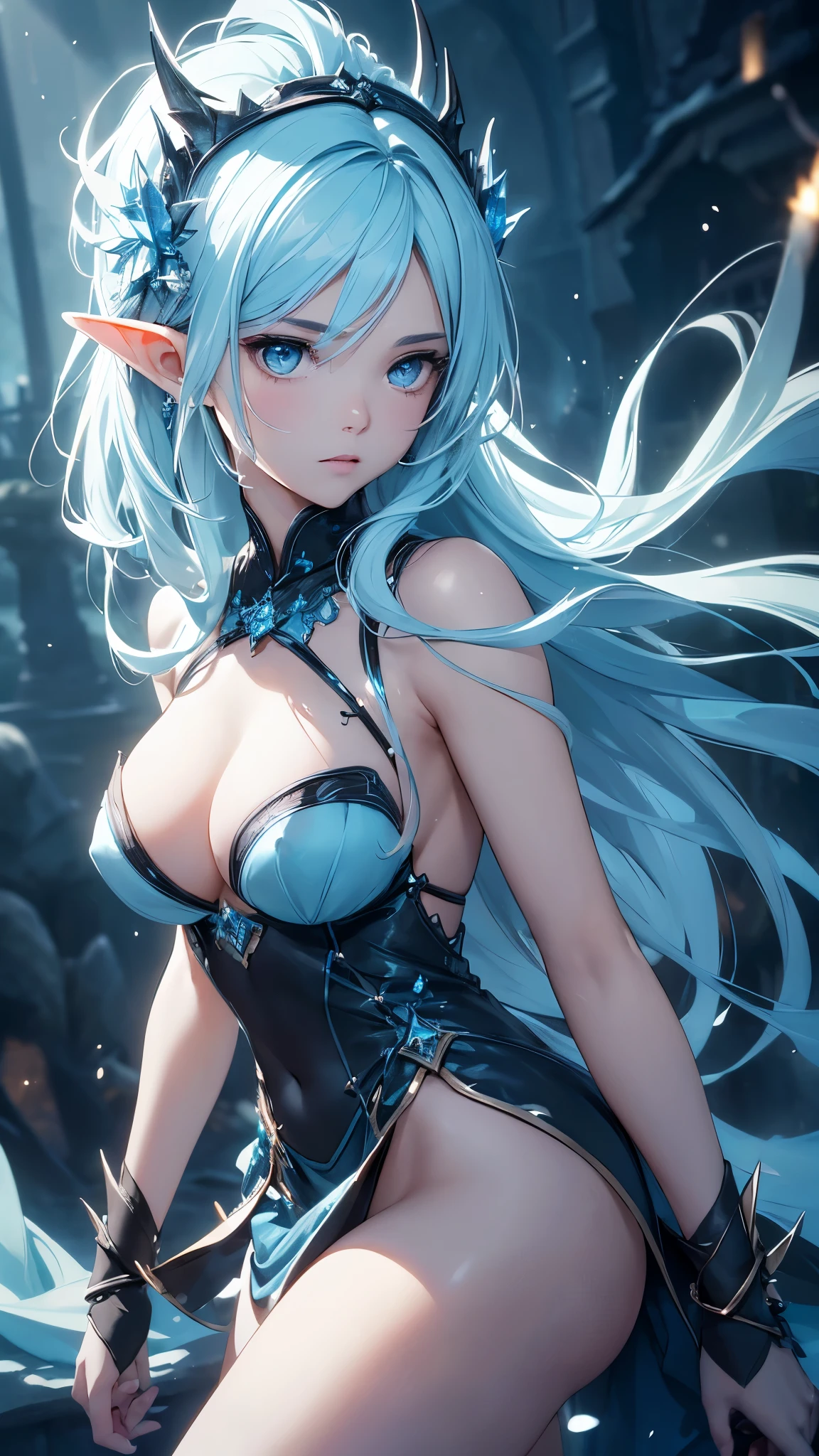 (a huge two-handed spiked hammer glowing with otherworldly light),(fragile elf, slender and beautiful body, face resembling a European top model),(black braids fluttering in the wind)。(best quality, highres, masterpiece:1.2), ultra-detailed, (realistic, photorealistic, photo-realistic:1.37), HDR, UHD, studio lighting, extreme detail description, professional, vivid colors, bokeh, (fantasy, magic, dark fantasy)。(cold blue tones)。(soft and ethereal lighting)。