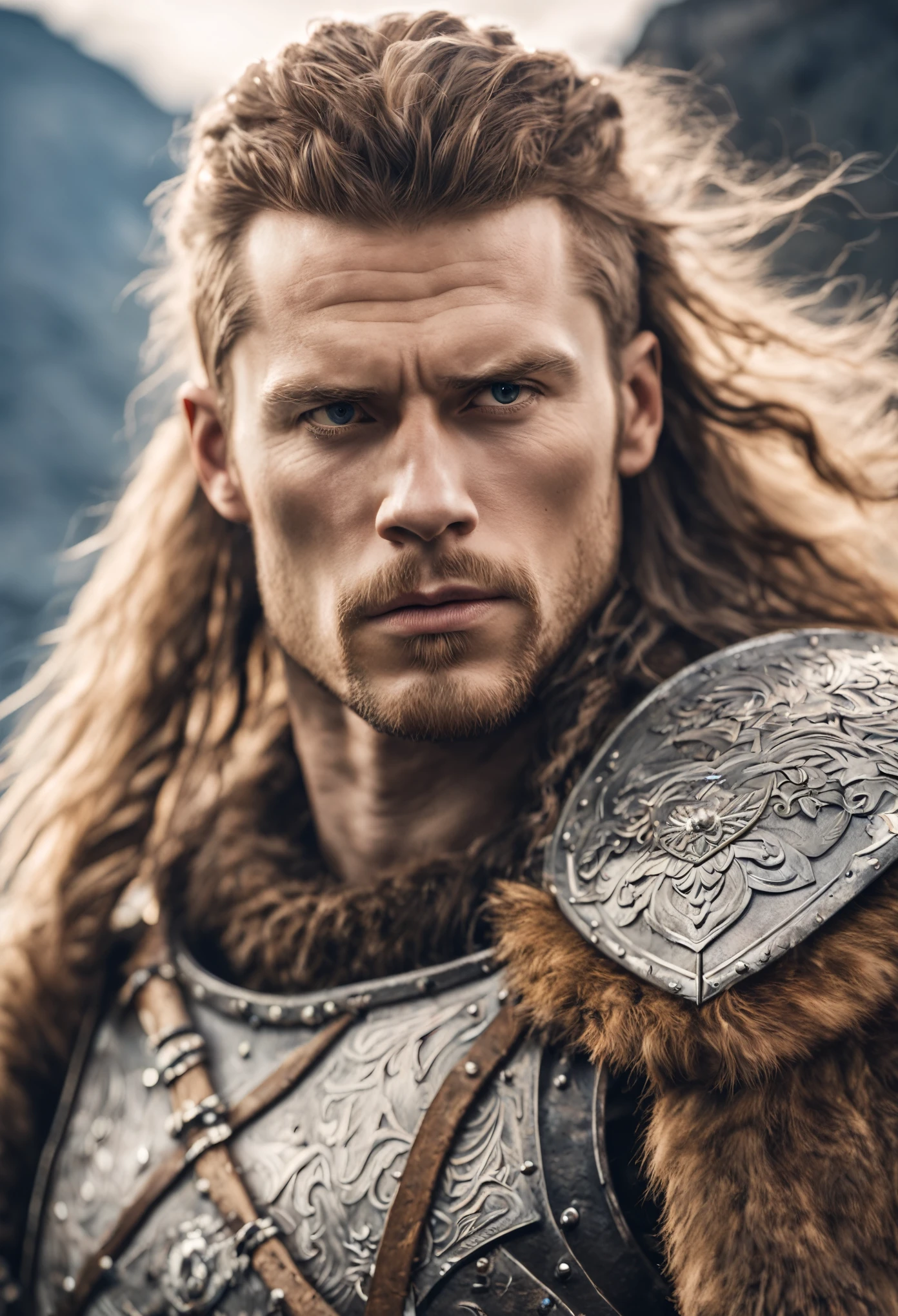 a mid portrait photo of Nordic warrior standing tall, with long hair and breaded, strong body, the background is a Scandinavian mountain, clean face, wearing fur armour, realistic textured eyes, (high detailed skin:1.2),8k uhd, dslr, soft lighting, high quality