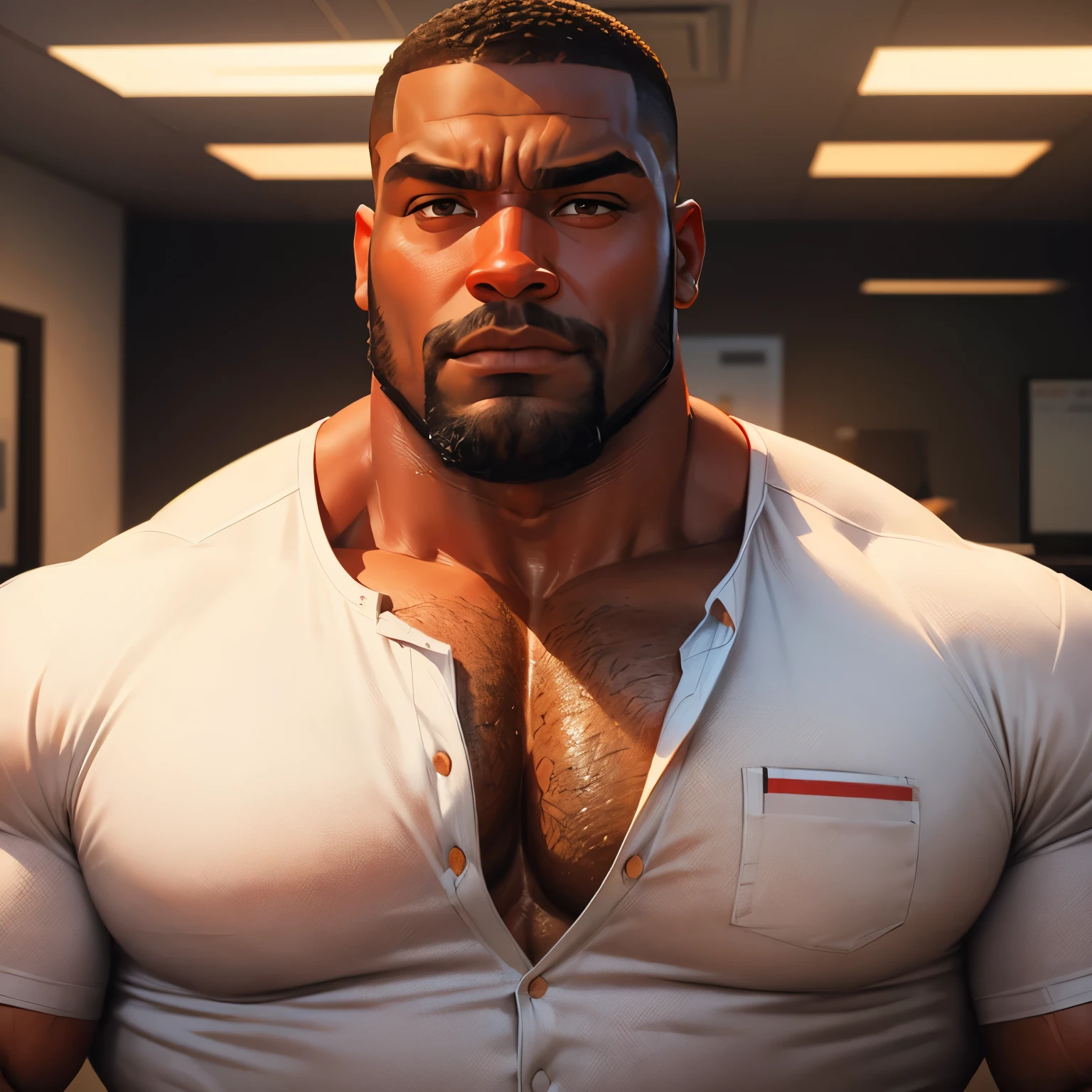 an exaggeratedly muscular and large bodyguard, beefy build, beard, dark-skinned african american male, buzzcut hair with square line, (wearing pale red casual business shirt: 1.2), name tag, (bara pecs: 1.3), (arm and chest hair: 1.1), close-up portrait HD, bright corporate office