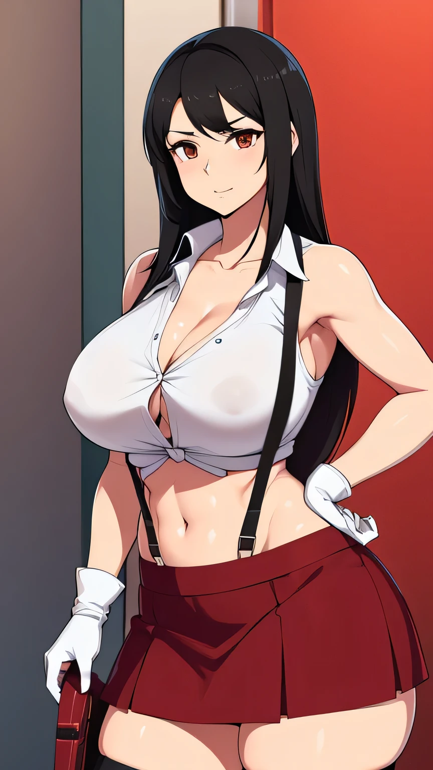 A sexy tall girl with big breasts, black hair that typically reaches the middle of her back, her cute brown eyes, is dressed in a white collegiate knot, unbuttoned, shows her navel, is wearing a red skirt, wearing a net of long socks and brown tennis shoes, wearing hand gloves, black steel, styled tifa