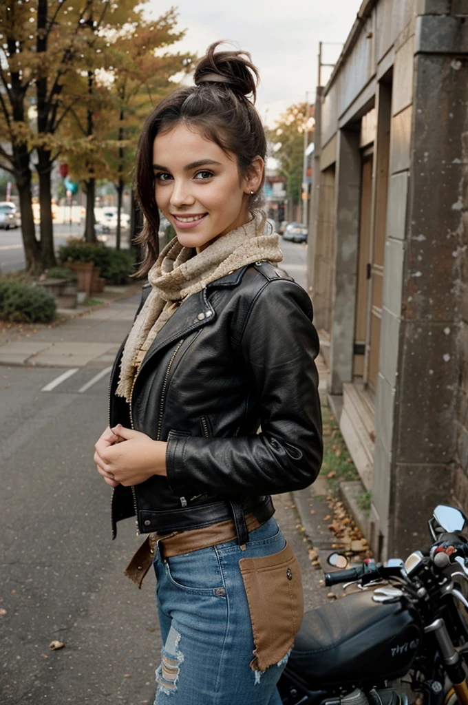 beautiful woman in ten leather jacket that is very worn and torn and full of dust, special pants for riding a motorcycle, a large jacket with patches, hands with and jeans, smiling at camera standing next to motorcycle on street, autumn day with trees in background, soft lighting, portrait photography, high resolution, hyper realistic, detailed skin texture, wearing scarf around neck, hair up in messy bun, photo taken from the side 

