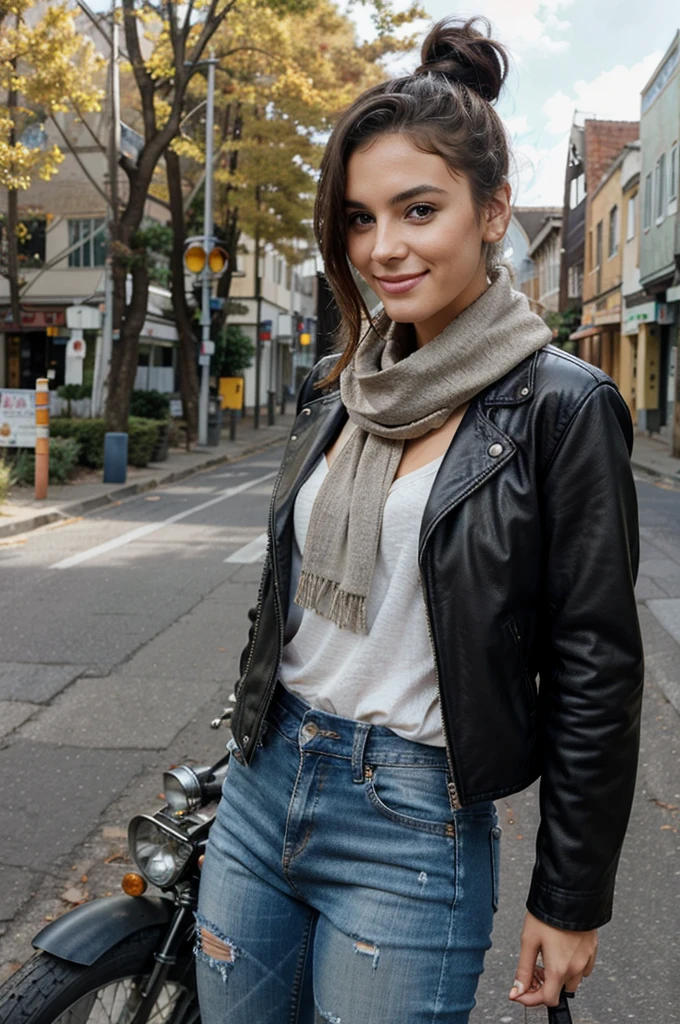 beautiful woman in ten leather jacket that is very worn and torn and full of dust, special pants for riding a motorcycle, a large jacket with patches, hands with and jeans, smiling at camera standing next to motorcycle on street, autumn day with trees in background, soft lighting, portrait photography, high resolution, hyper realistic, detailed skin texture, wearing scarf around neck, hair up in messy bun, photo taken from the side