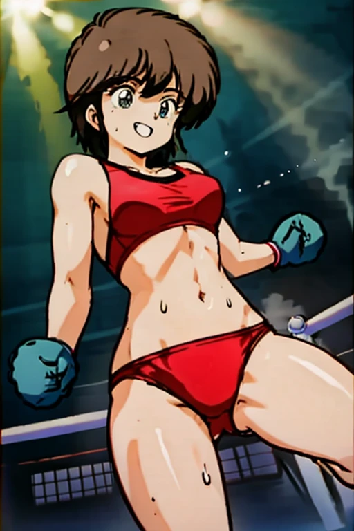 1girl, Hikaru Hiyama, best quality, highres, red boxing gloves, attack pose, smug, grin, abs, well sported, large chest, from below, sweat, boxing ring background, volumetric lighting, light particles of