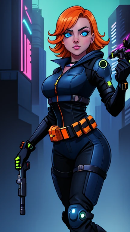 girl, cowboy shot, Sexy Experienced Cyberpunk Agent, orange hair, blue eyes, (Wearing: Black jumpsuit, utility belt, boots), light skin, natural makeup, athletic body, standing in a futuristic city with neon lights, holding two pistols with both hands, looking fiercely at the viewer while surrounded by flying drones.