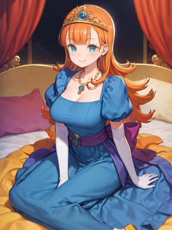 masterpiece, highest quality, Medium wide shot、cowboy shot、1　mature woman、big breasts、cleavage、dqLaura, orange hair、tiara, necklace, yellow dress, elbow gloves、tiara, orange hair, long hair, big , butt, necklace, yellow dress, elbow bag, looking at the viewer, smile, bedroom, bed, sitting