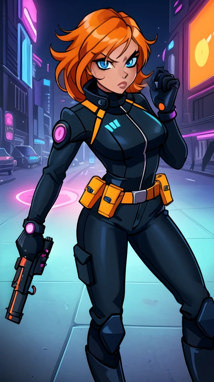 girl, cowboy shot, Sexy Experienced Cyberpunk Agent, orange hair, blue eyes, (Wearing: Black jumpsuit, utility belt, boots), light skin, natural makeup, athletic body, standing in a futuristic city with neon lights, holding two pistols with both hands, looking fiercely at the viewer while surrounded by flying drones.
