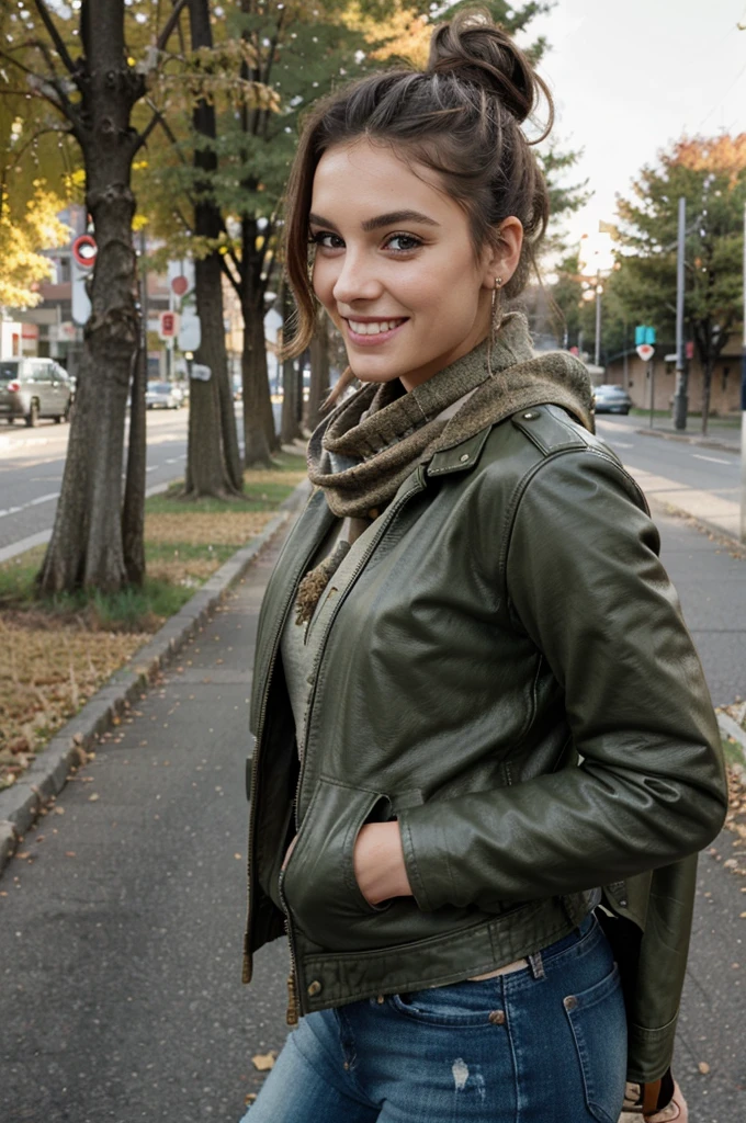 beautiful woman in olive green leather jacket that is very worn and torn and full of dust, special pants for riding a motorcycle, a large jacket with patches, hands with and jeans, smiling at camera standing next to motorcycle on street, autumn day with trees in background, soft lighting, portrait photography, high resolution, hyper realistic, detailed skin texture, wearing scarf around neck, hair up in messy bun, photo taken from the side