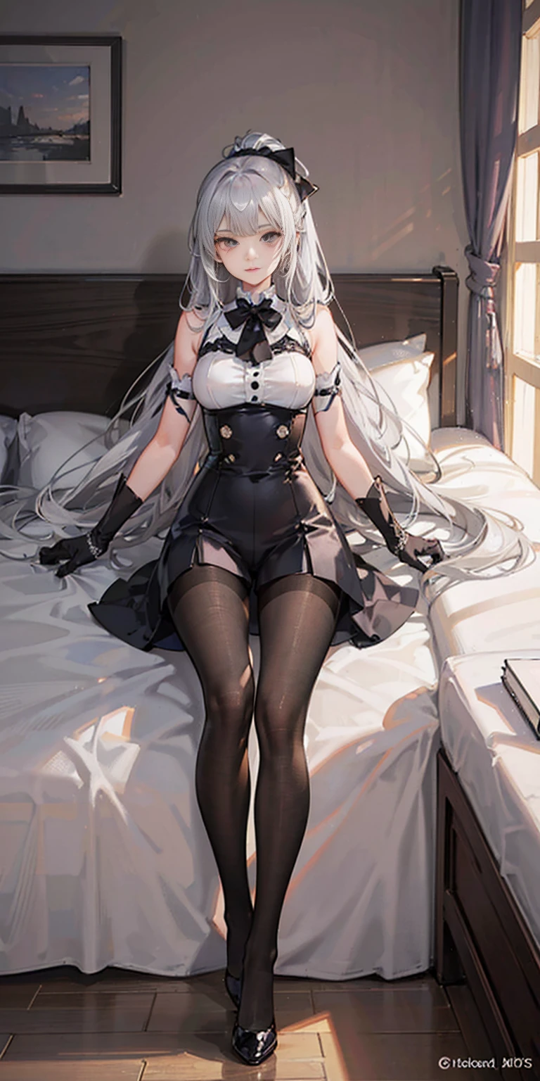 (((1 girl)),ray tracing,(dim lighting),[detailed background (bedroom)),((silver hair)),((silver hair)),(fluffy silver hair, plump slender girl)) with high ponytail)))) Avoid blonde eyes in the ominous bedroom (((girl wears intricately embroidered black high-waisted pants with pantyhose) and white ruffled bow gloves), showing a delicate slender figure and graceful curves, correct limbs, lying on the bed